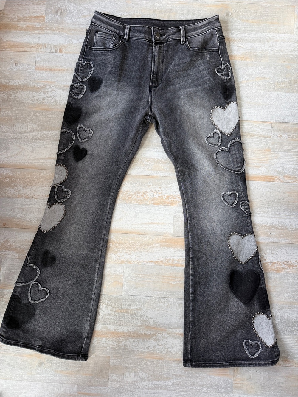 Oli & Hali Black-Grey Flared Jeans with Heart Appliqués